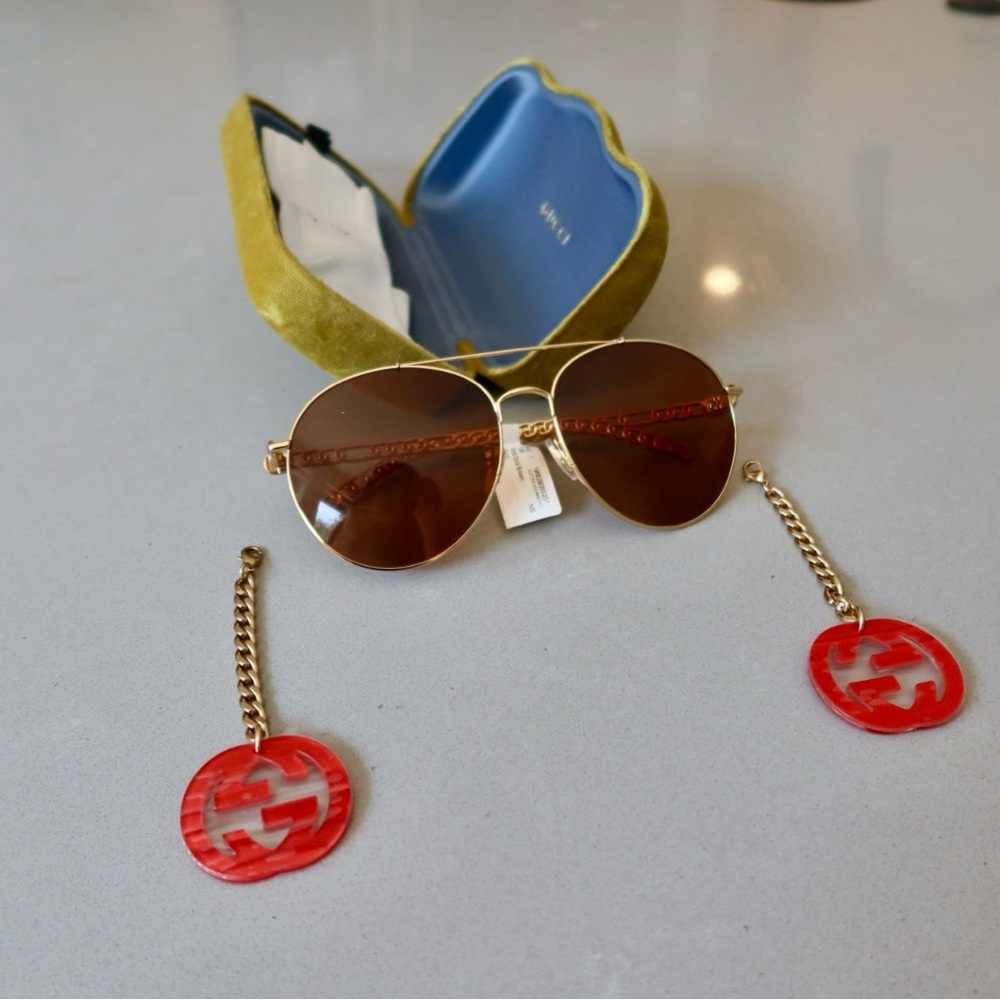 NWT Gucci GG0725S 002 double-bridge Aviator Brown & Gold Sunglasses